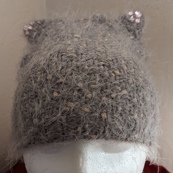 Child's size jeweled gray kitty cat beanie - Picture 2 of 5